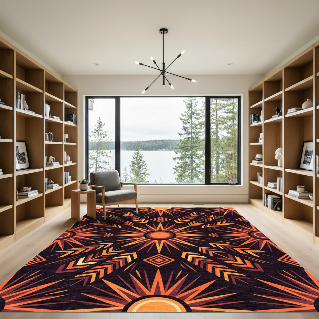 Radial Terracotta Sunburst Geometric Art Rug