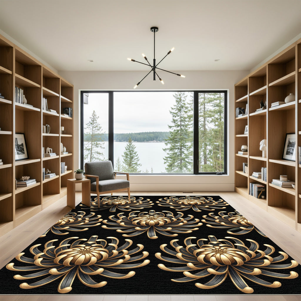 Ornate Gold And Black Chrysanthemum Rug