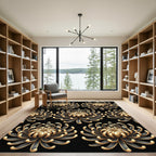 Ornate Gold And Black Chrysanthemum Rug