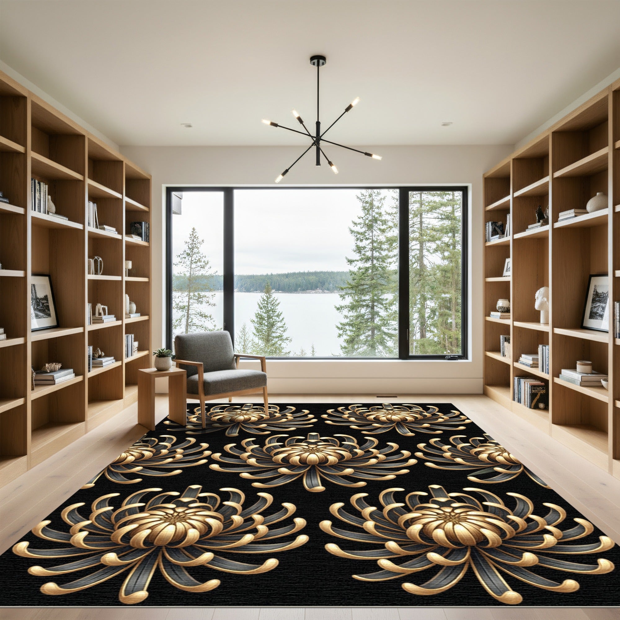 Ornate Gold And Black Chrysanthemum Rug