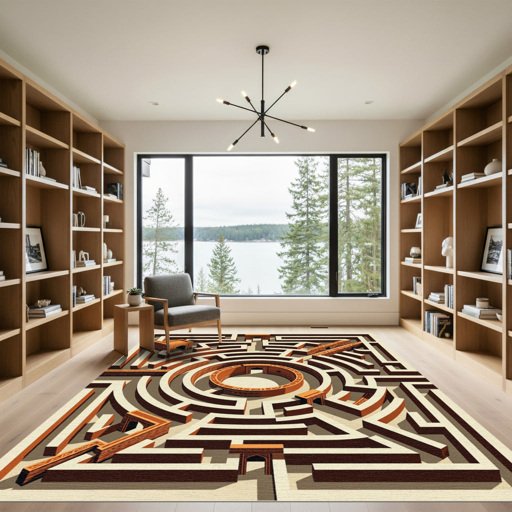 Terracotta Labyrinth Geometric Abstract Architectural Art Rug