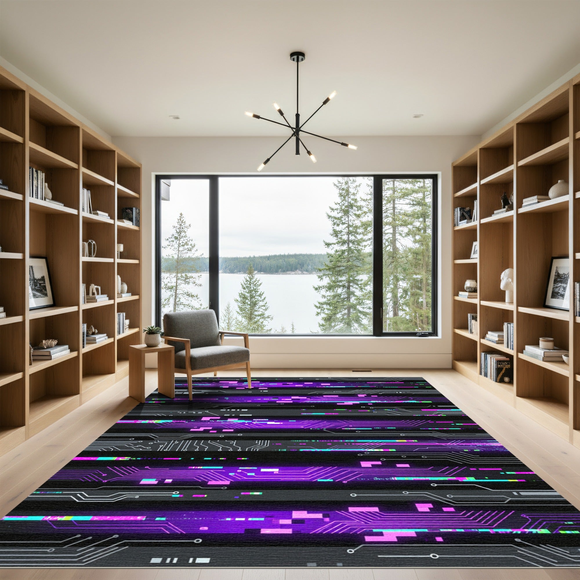 Neon Cyber Circuit Glitch Abstract Art Rug