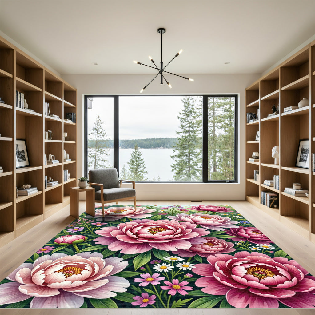 Lush Pink Peony Garden Floral Rug