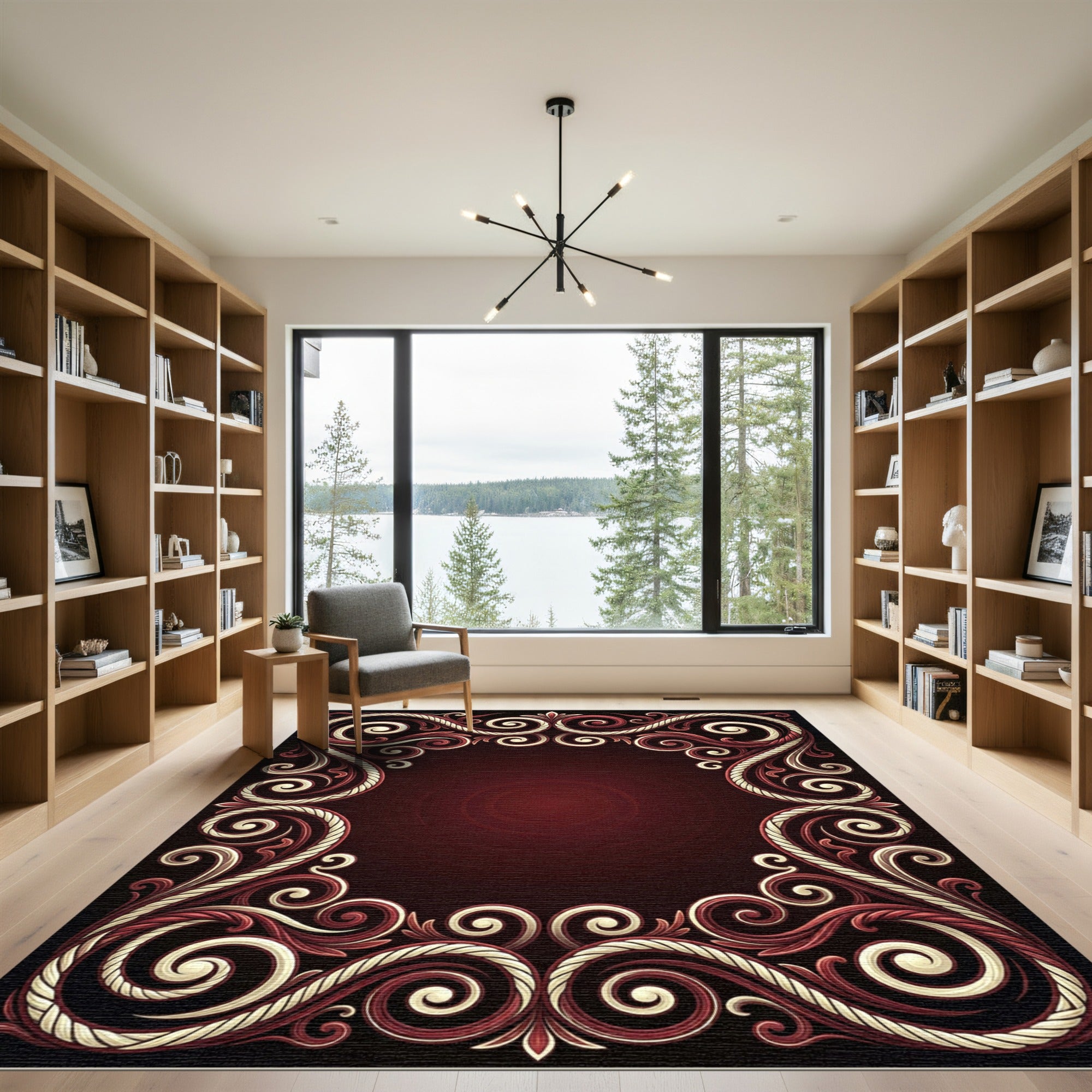 Elegant Crimson Swirl Rope Border Rug