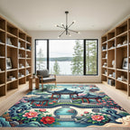 Chinoiserie Pagoda Garden Floral Illustration Rug