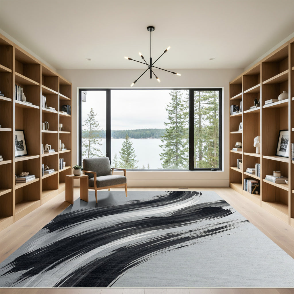 Monochromatic Abstract Charcoal Sweep Rug
