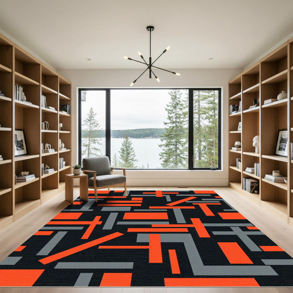 Bold Geometric Orange and Gray Composition Rug