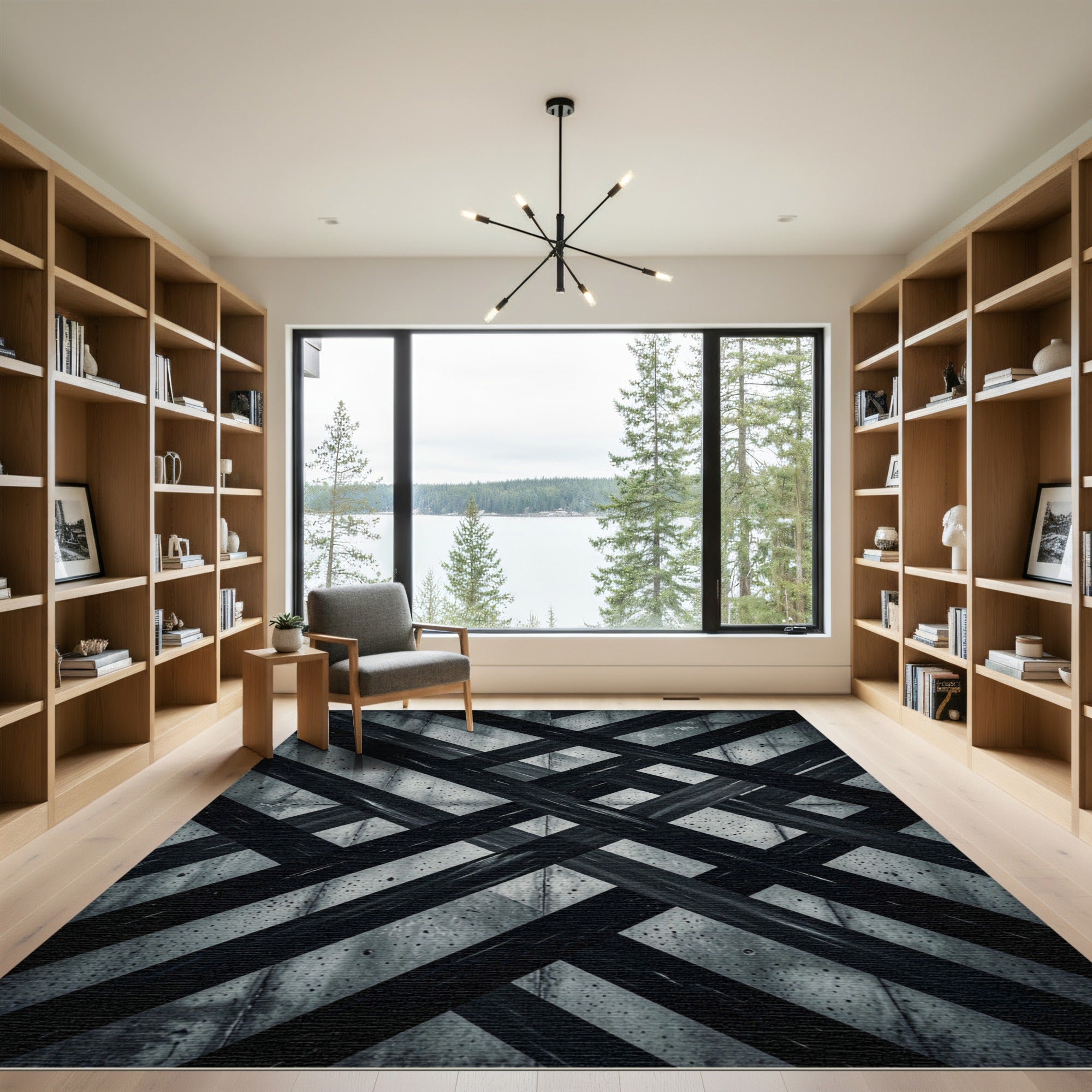 Modern Gray Intersecting Diagonal Line Rug