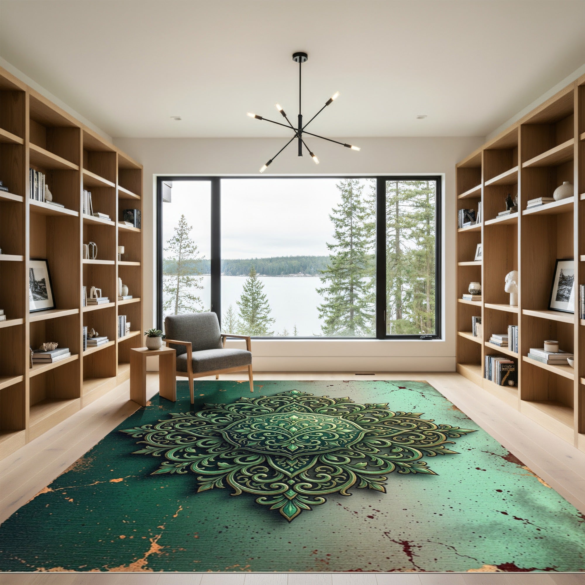 Elegant Emerald Filigree Scroll Medallion Art Rug