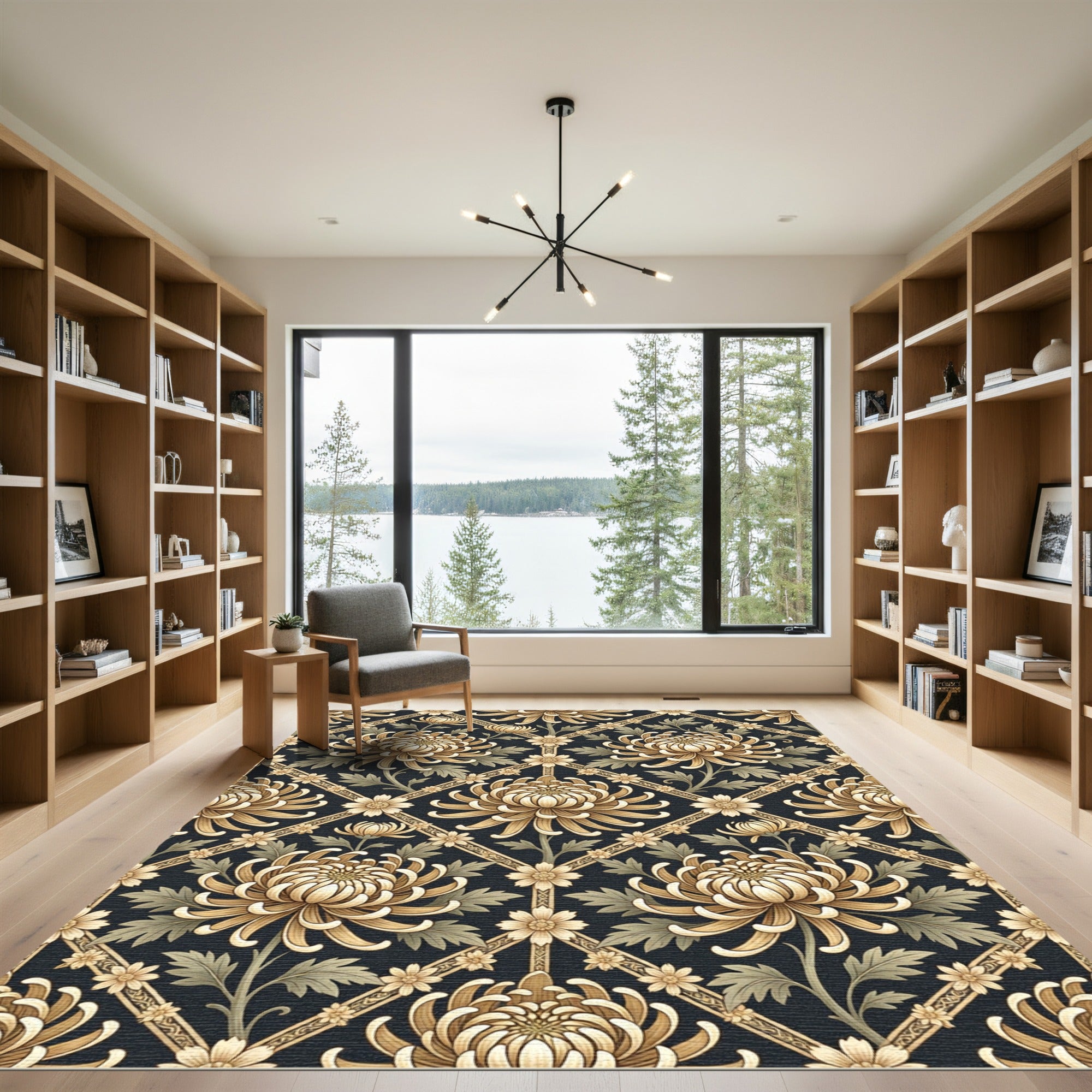 Golden Chrysanthemum Floral Lattice Rug