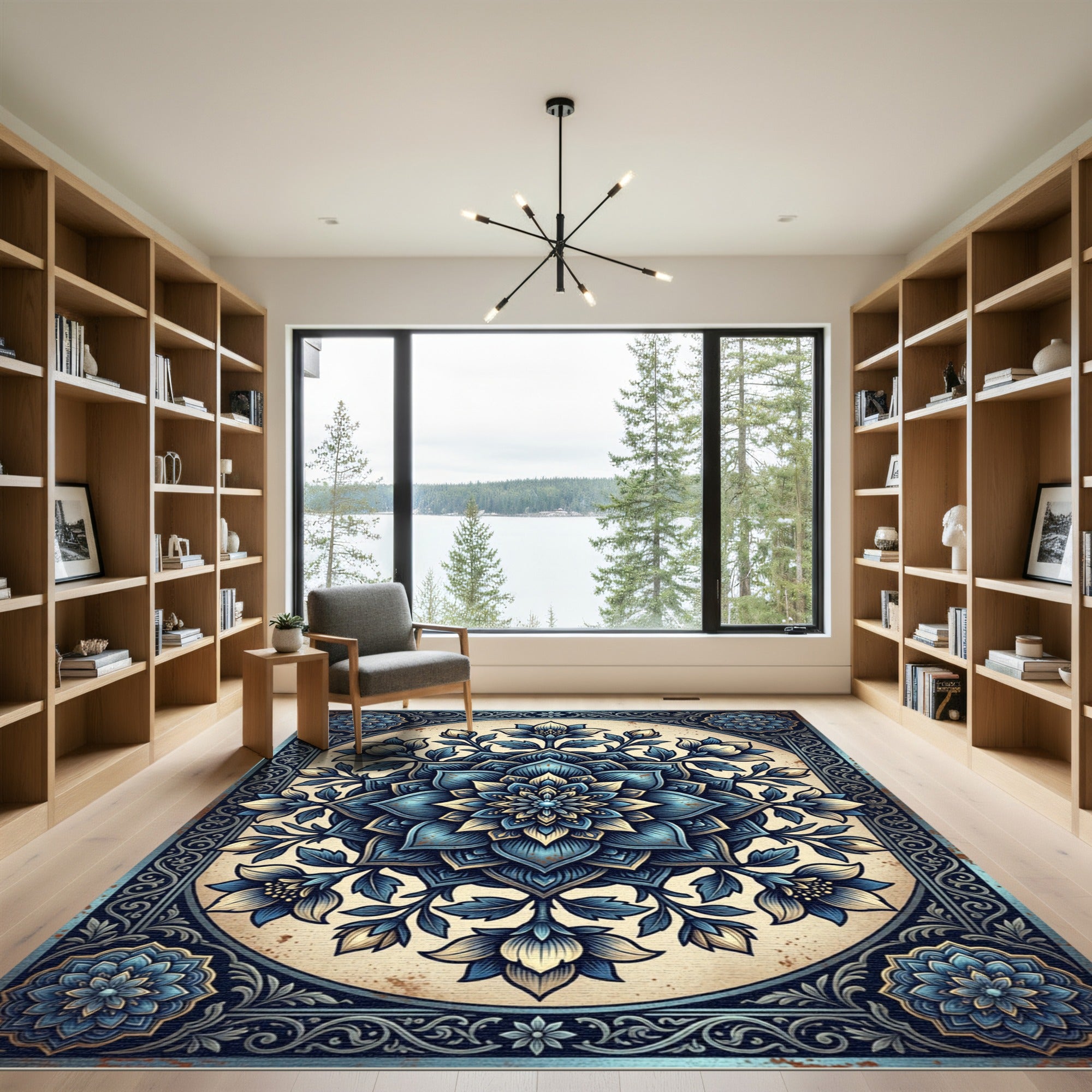 Intricate Navy Blue Floral Mandala Rug