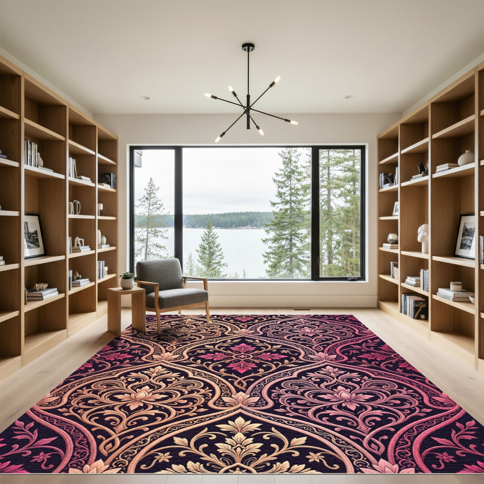 Ornate Pink Gold Arch Floral Rug