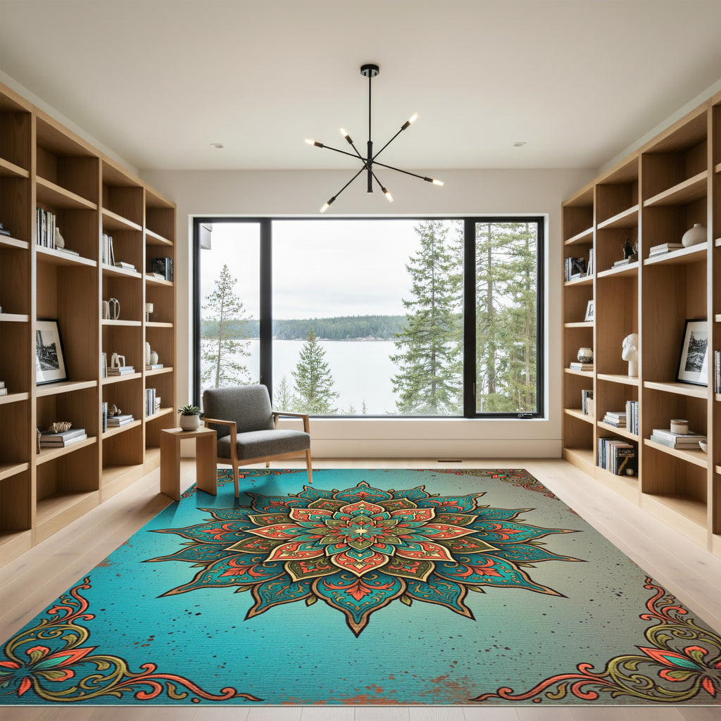 Ornate Teal Coral Floral Medallion Rug