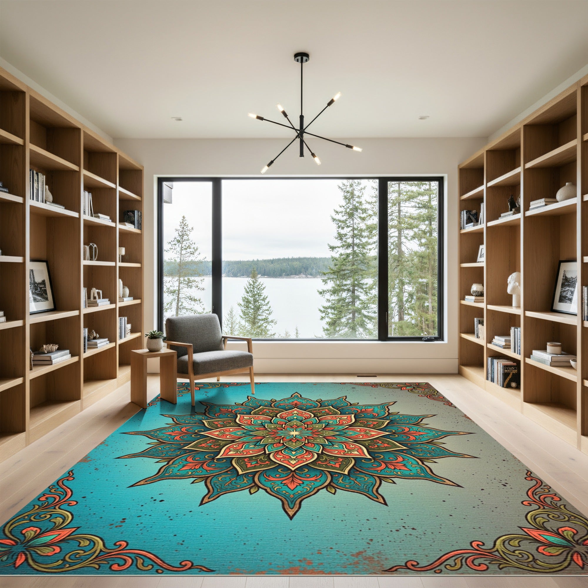 Ornate Teal Coral Floral Medallion Rug