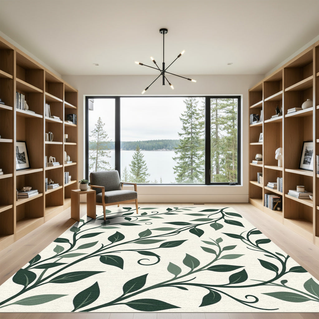 Dark Green Leafy Vine Swirl Rug