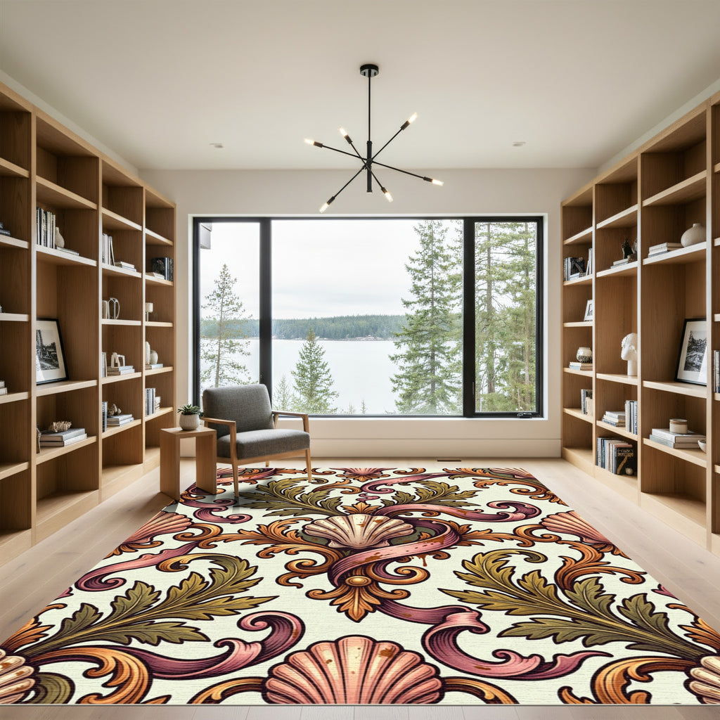 Pink Shell Gold Acanthus Scroll Damask Rug