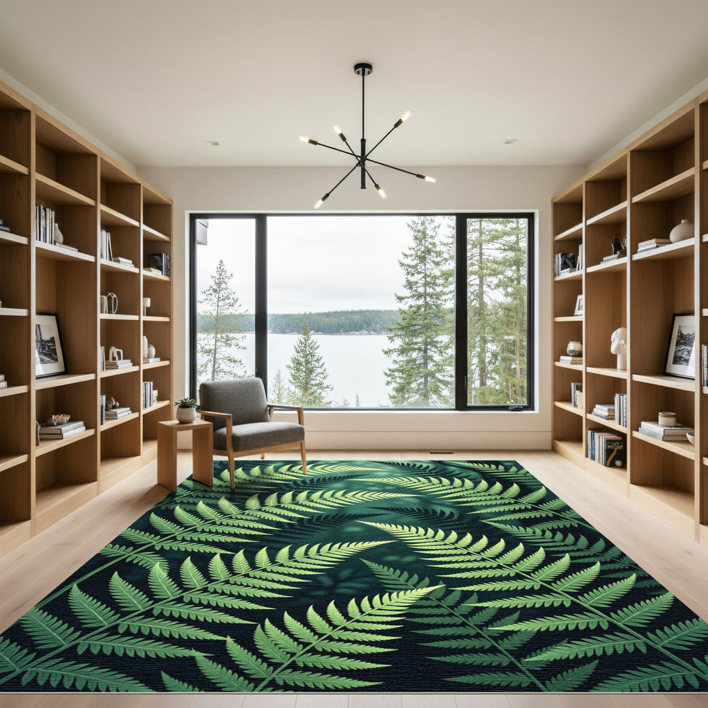 Forest Green Fern Leaf Pattern Rug