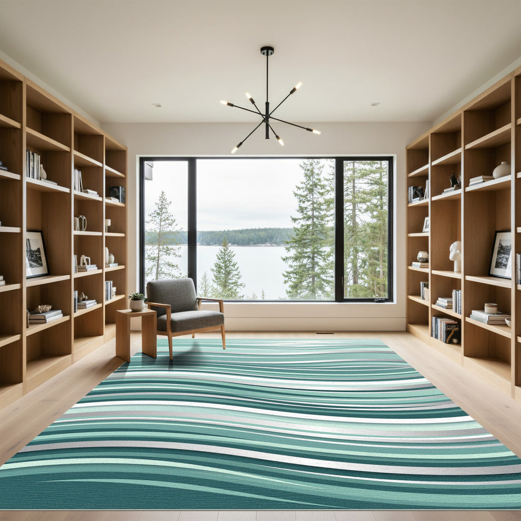 Layered Teal Blue Abstract Ripple Rug