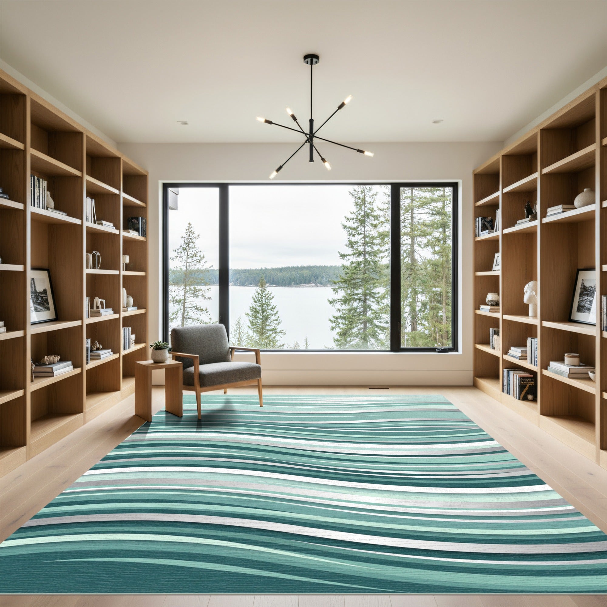 Layered Teal Blue Abstract Ripple Rug