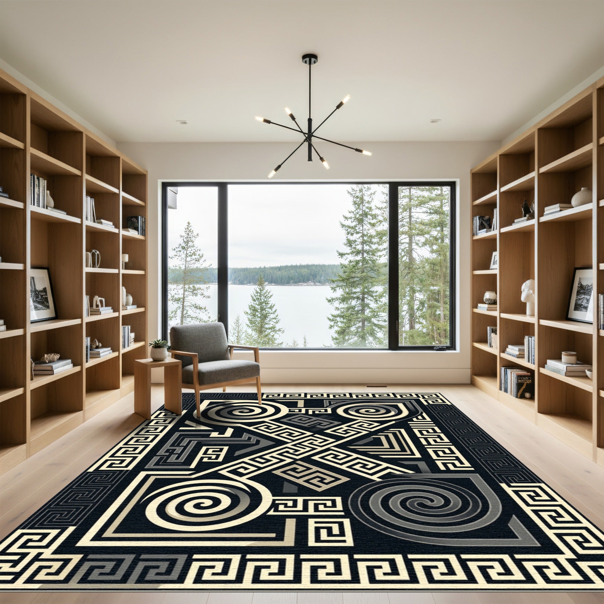 Monochromatic Greek Key Geometric Swirl Rug