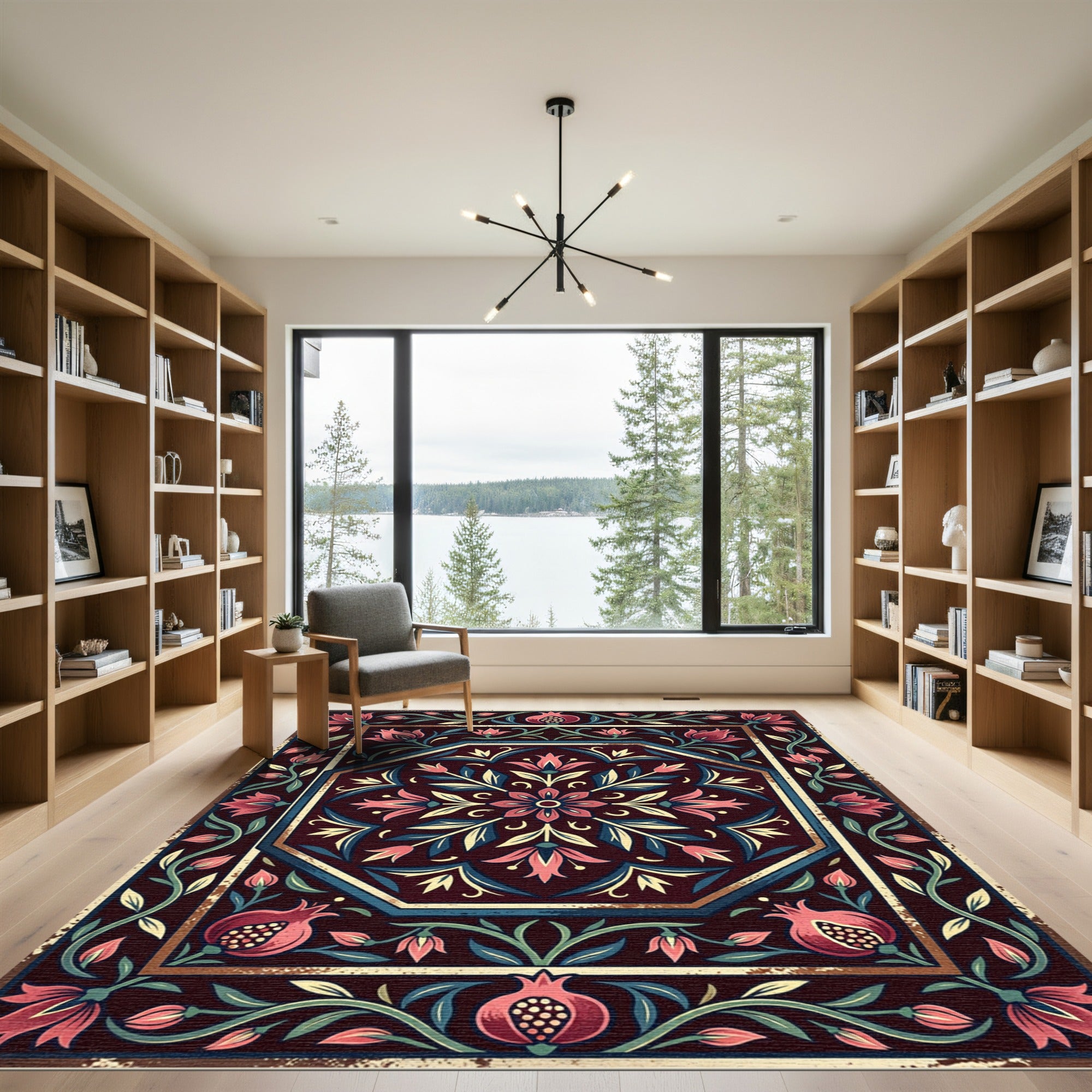 Dark Burgundy Pomegranate Floral Medallion Rug