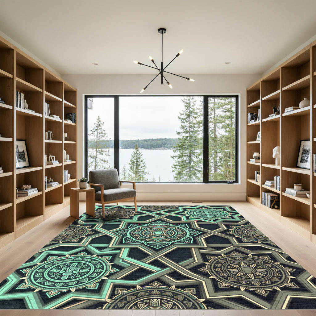 Geometric Mint and Gold Mandala Interlace Rug
