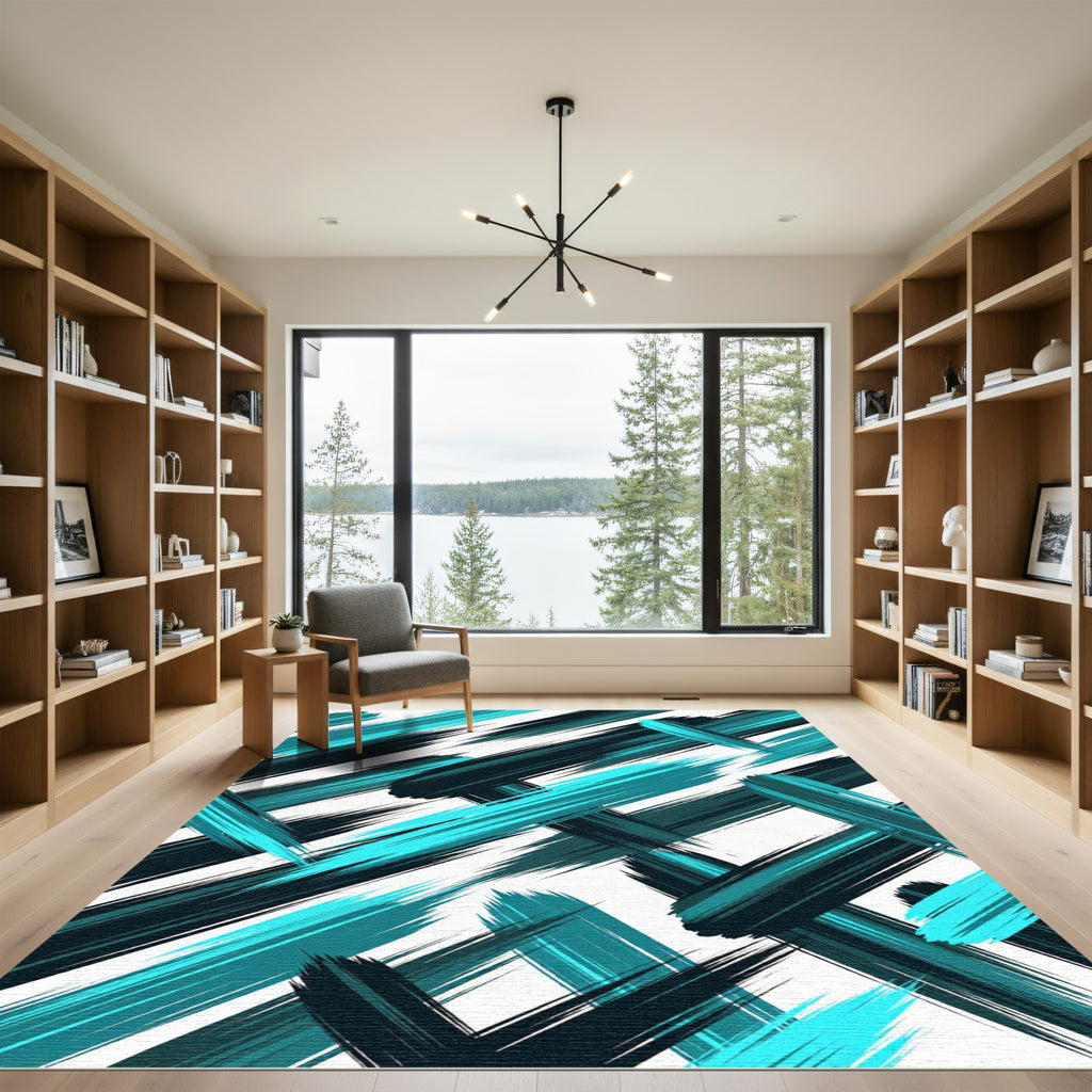 Turquoise Teal Abstract Brush Strokes Rug