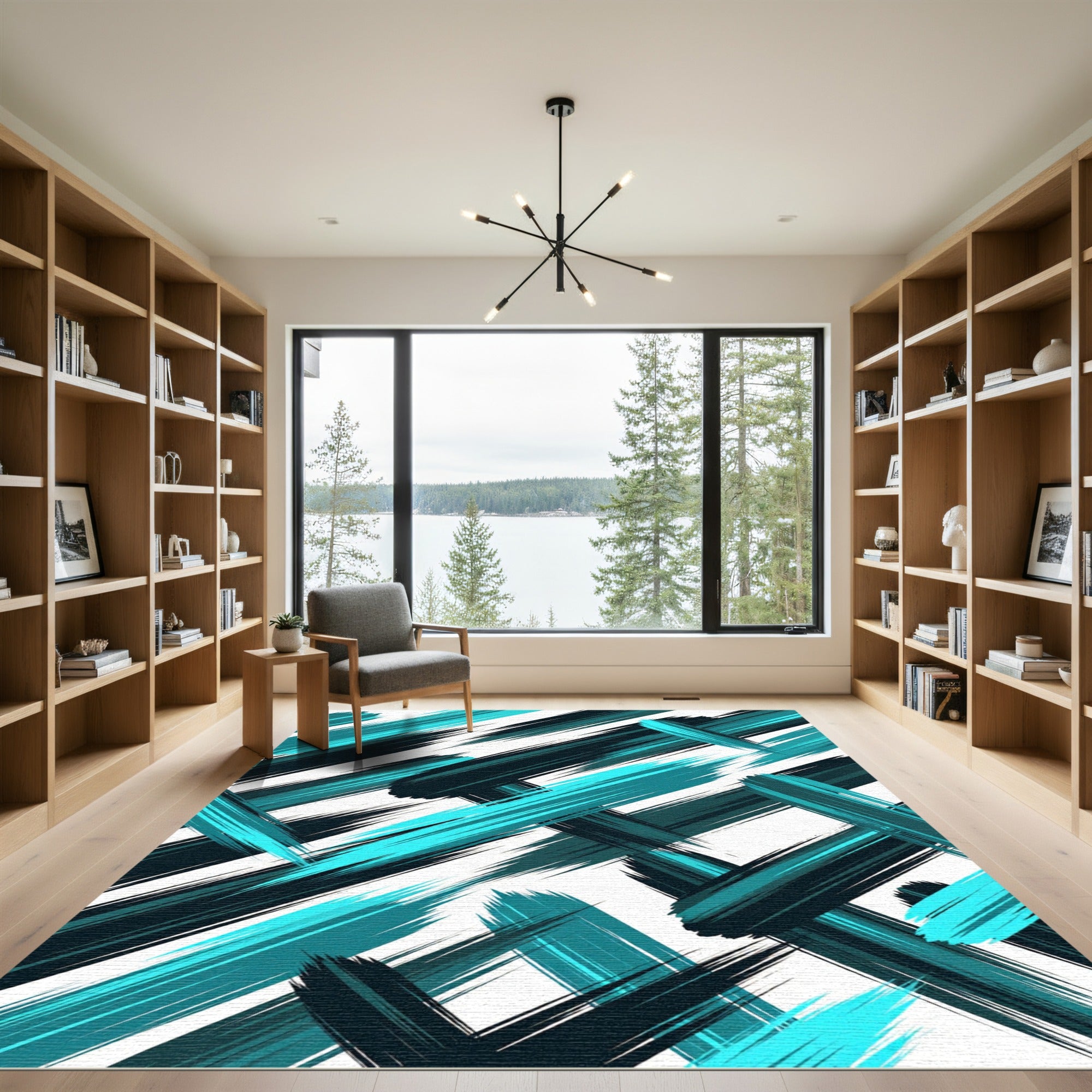 Turquoise Teal Abstract Brush Strokes Rug