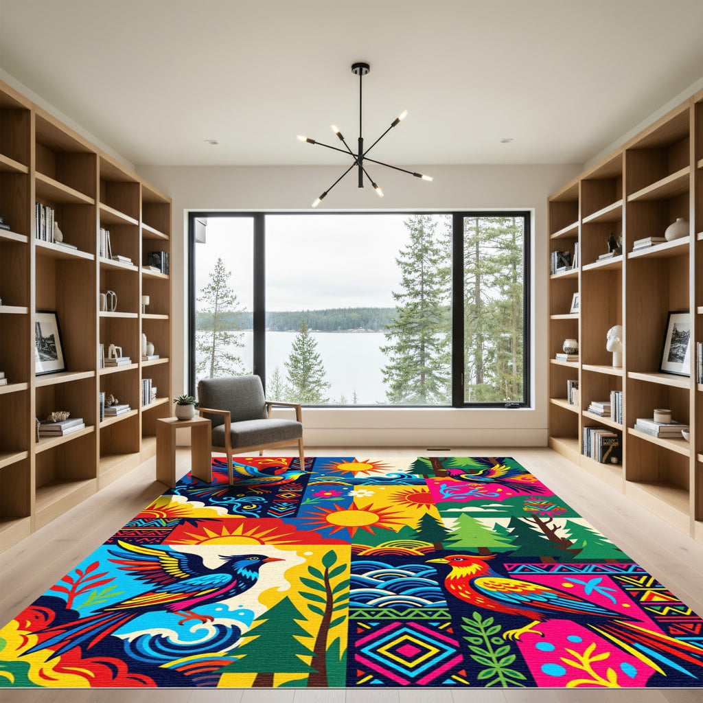 Vibrant Painted Birds Geometric Sunscape Rug