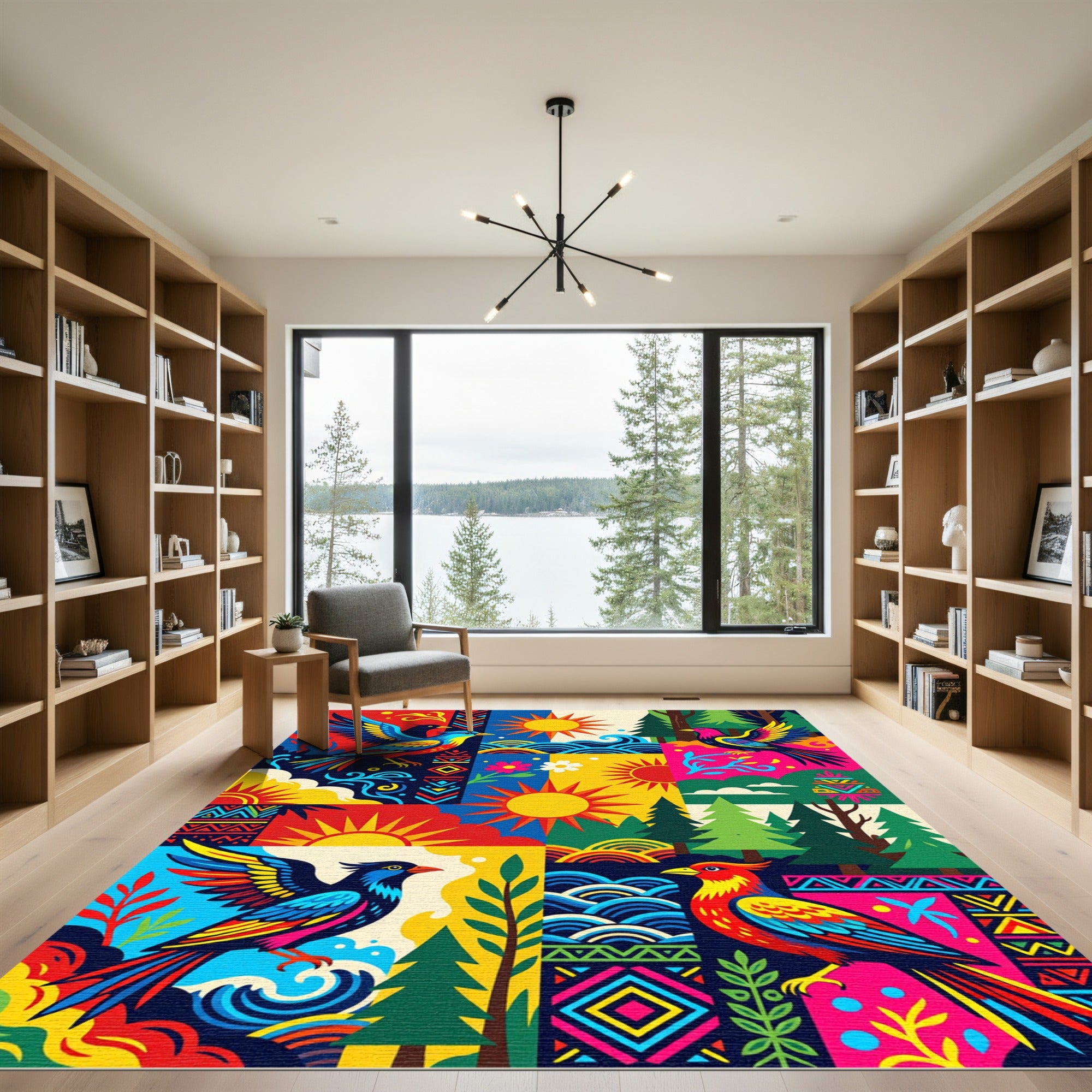 Vibrant Painted Birds Geometric Sunscape Rug