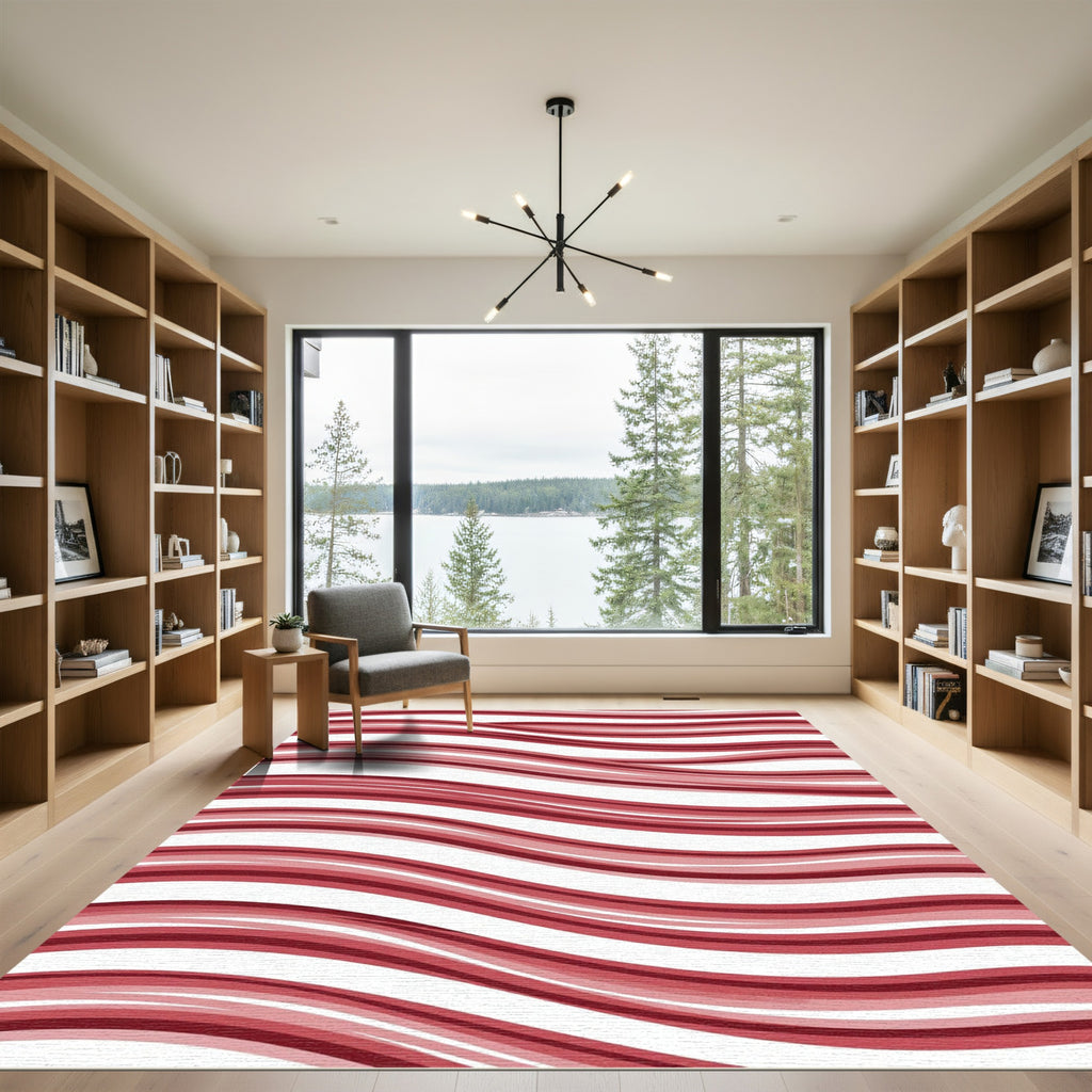Modern Crimson Wavy Striped Rug