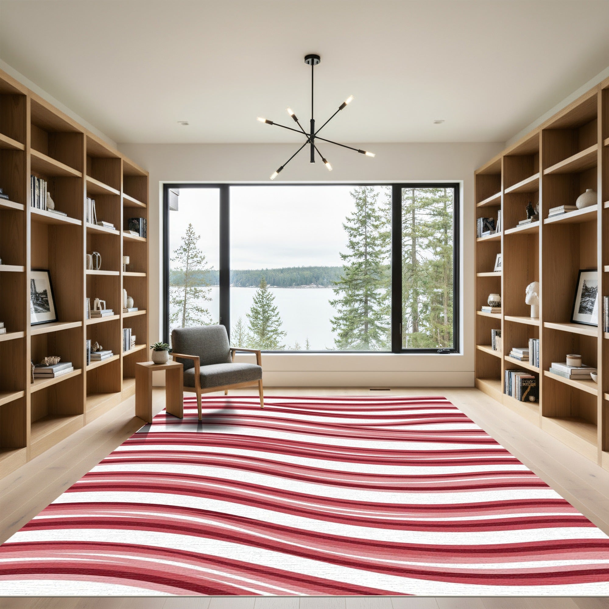 Modern Crimson Wavy Striped Rug