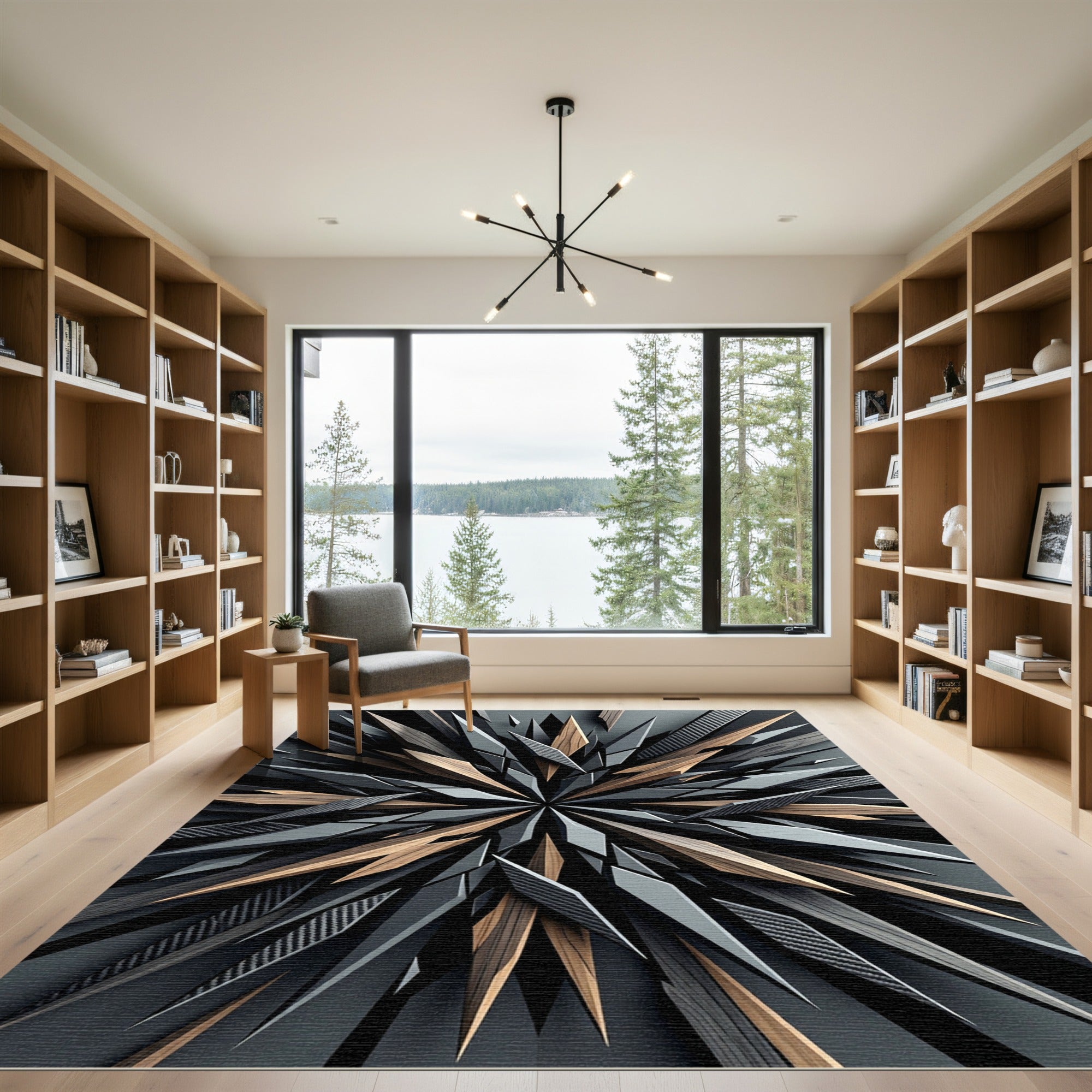 Sharp Geometric Wood Carbon Fiber Starburst Rug