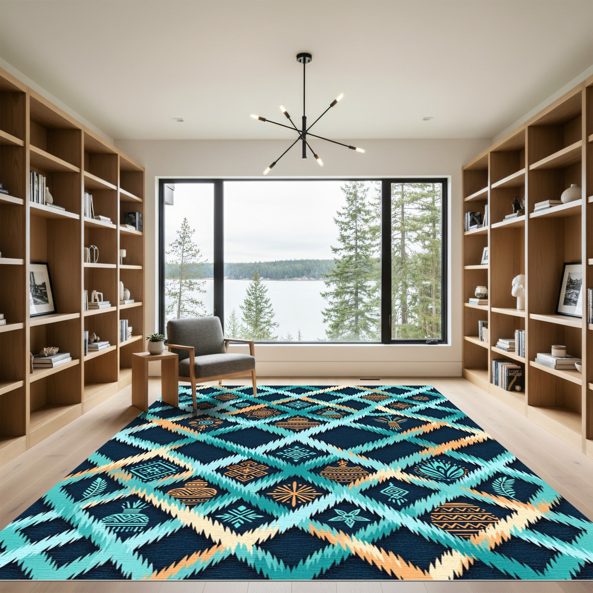 Teal and Gold Ikat Tribal Diamond Rug