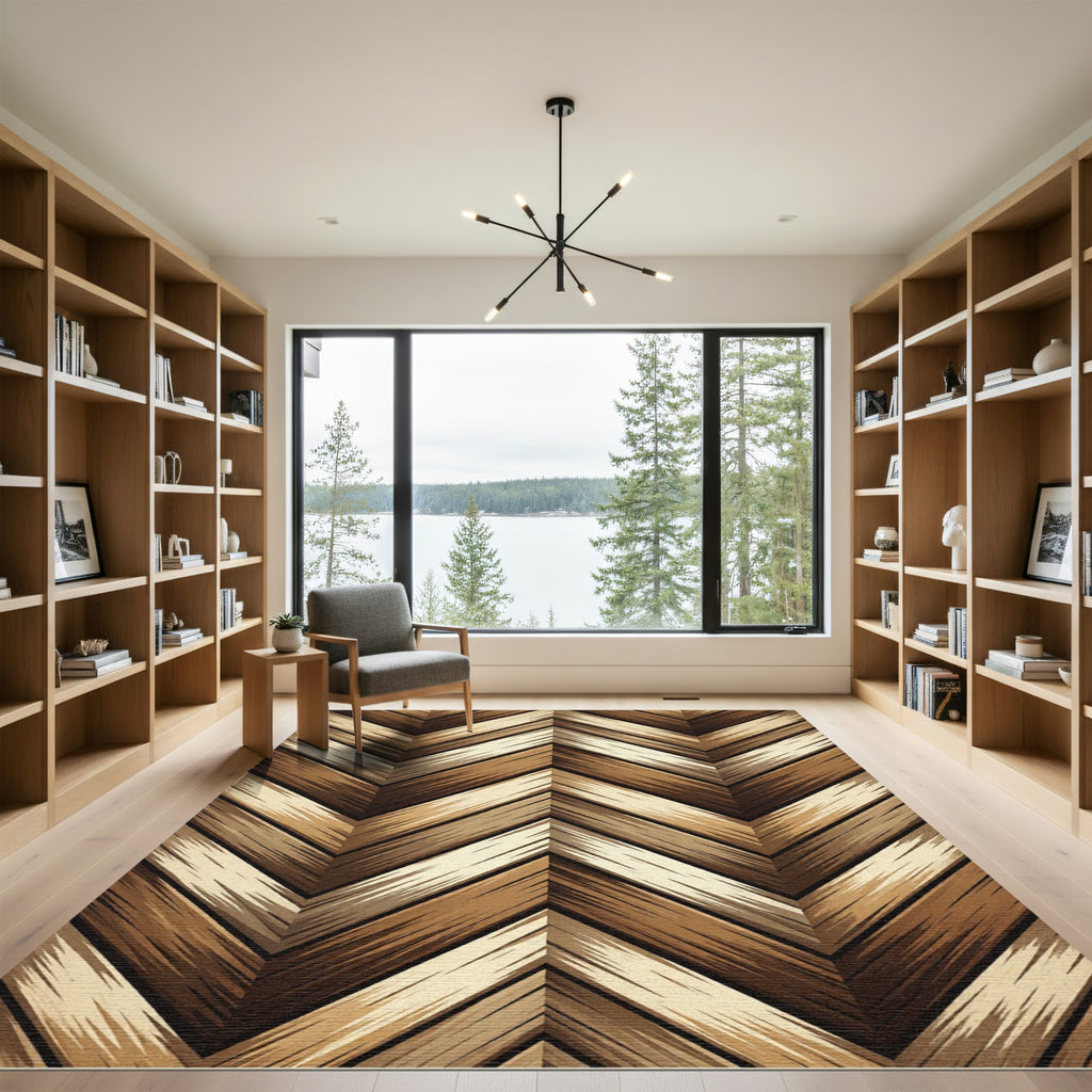Earthy Brown Herringbone Chevron Wood Grain Rug