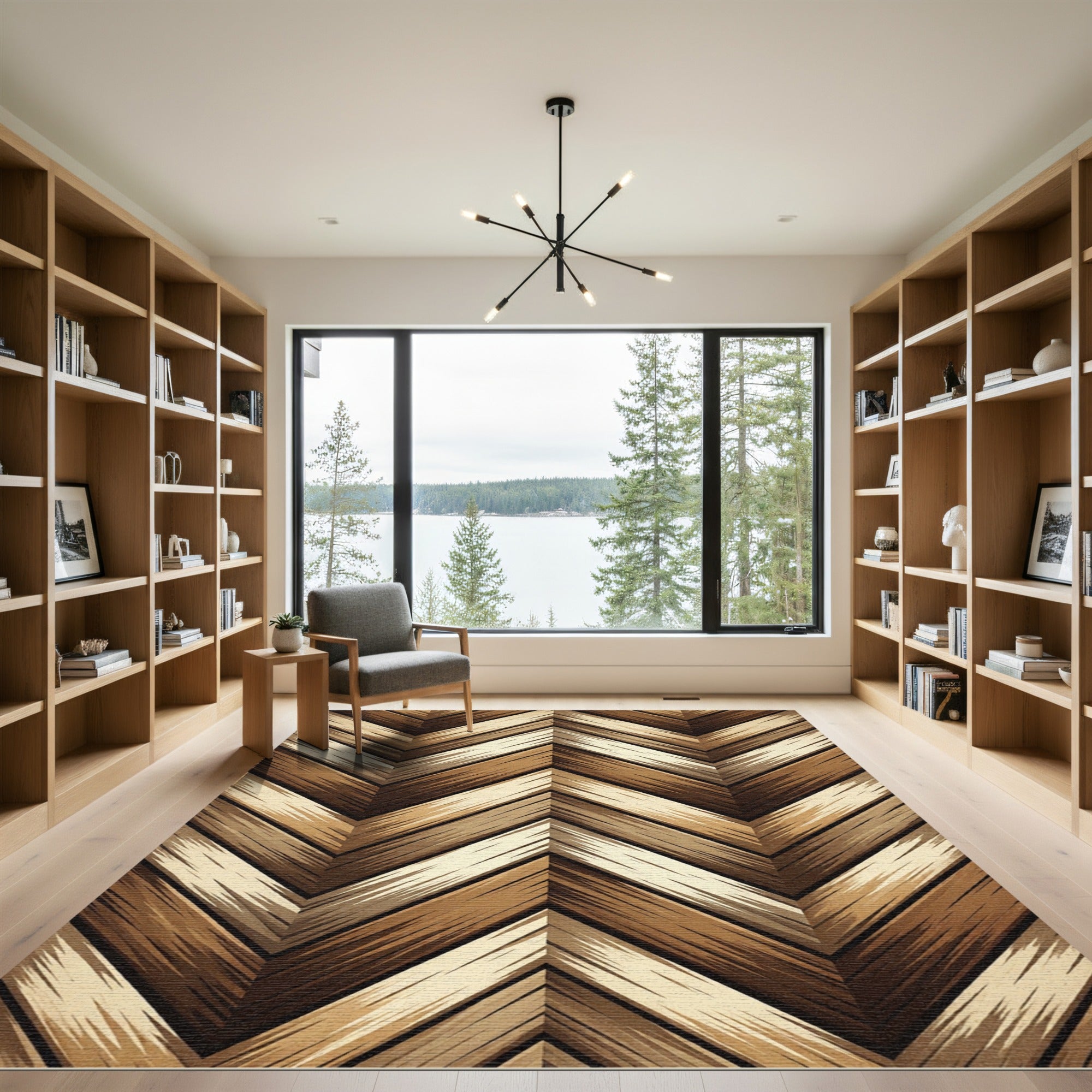 Earthy Brown Herringbone Chevron Wood Grain Rug