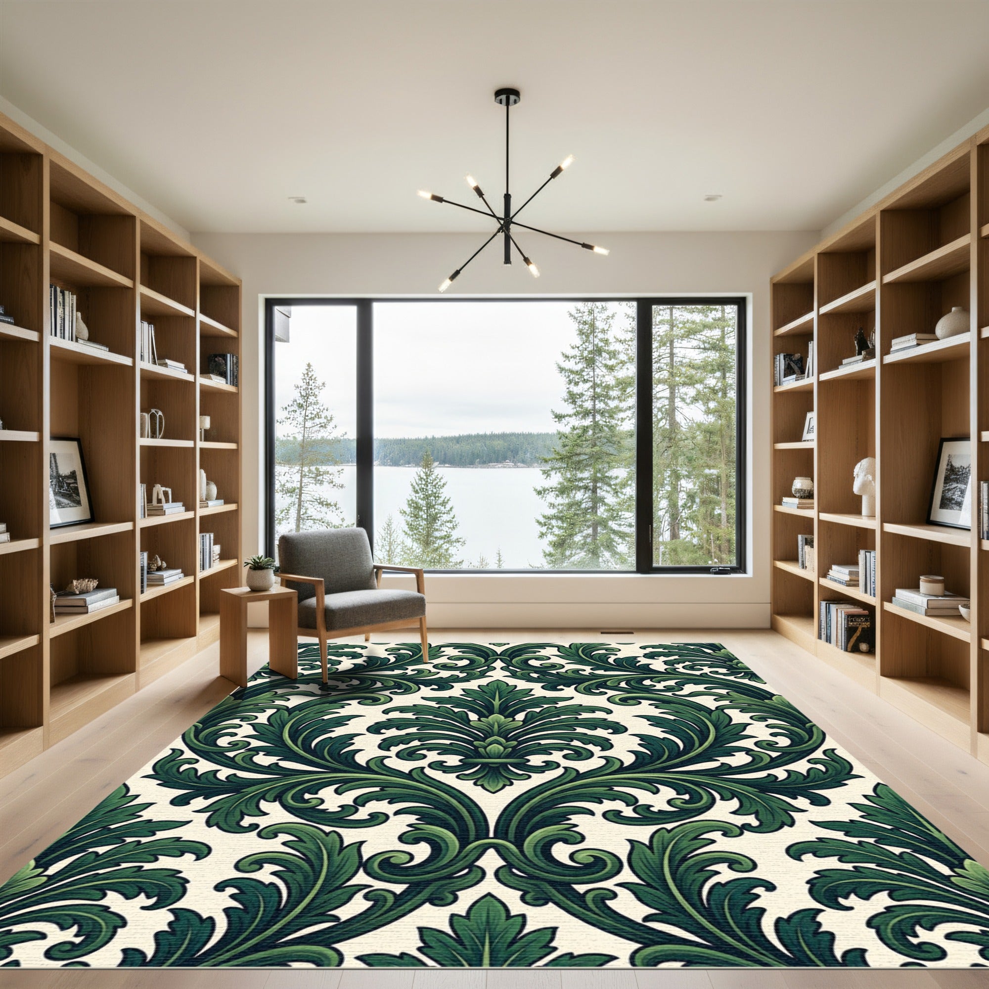 Ornate Emerald Scrollwork Damask Rug