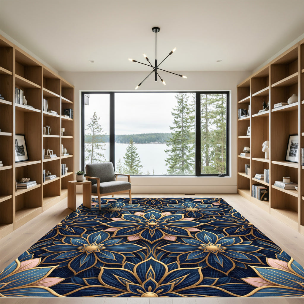 Navy Gold Embossed Floral Bloom Rug