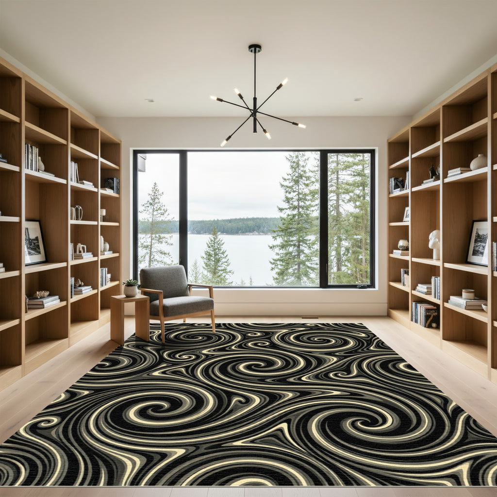 Black Cream Swirling Marble Lines Rug