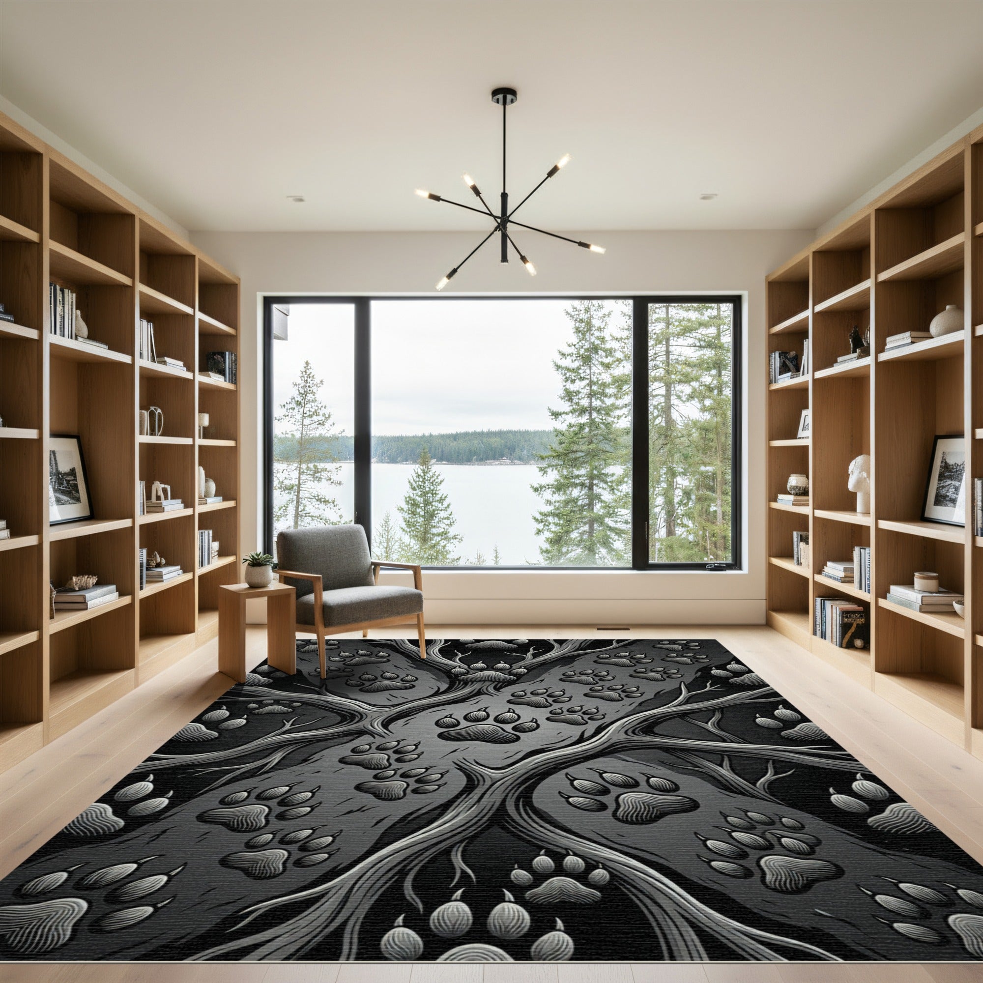 Dark Gray Paw Print Woodland Vines Rug