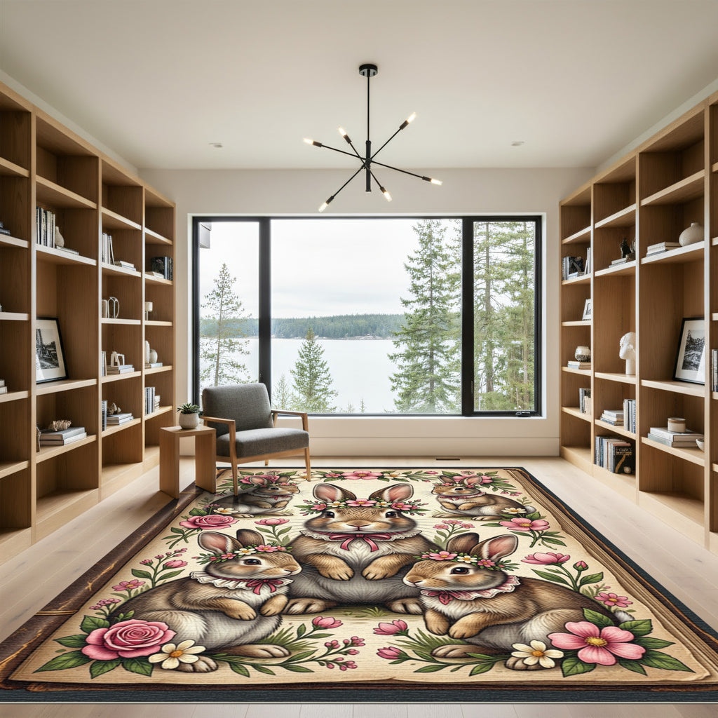 Enchanted Floral Bunny Garden Illustration Rug