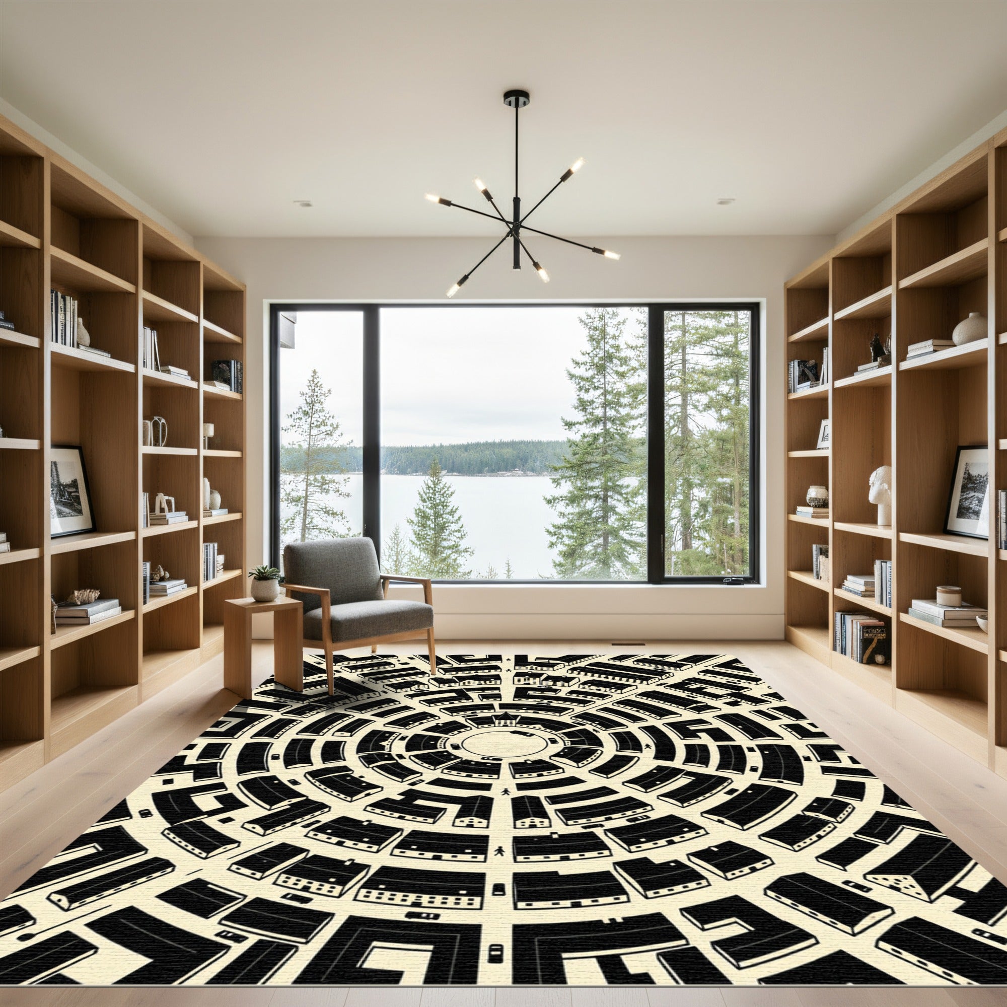 Circular Black and Cream Urban Maze Rug