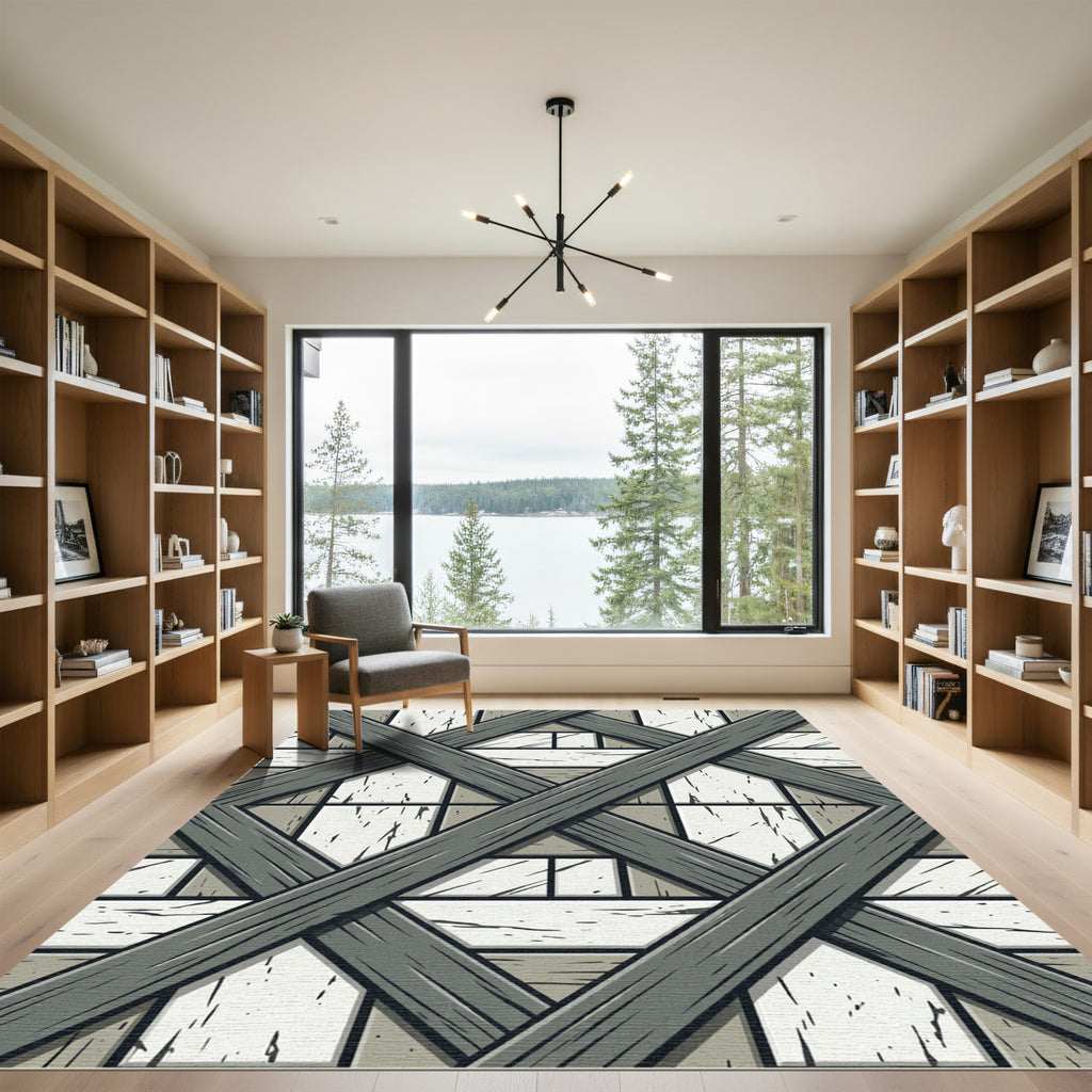 Gray Wood Lattice Over White Stone Rug