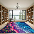 Vibrant Tropical Palm Sunset Ocean Wave Rug