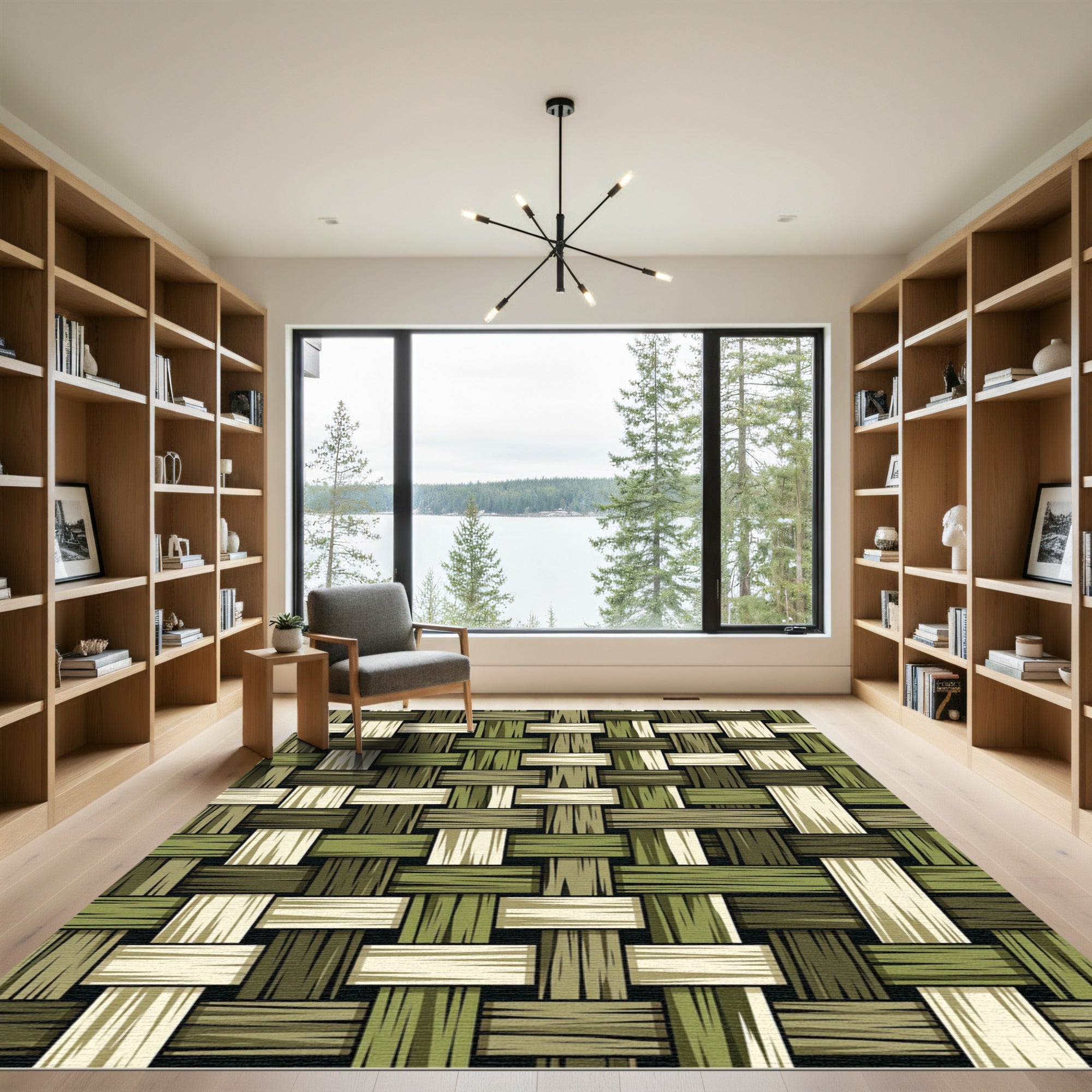Earthy Green Textured Woven Checkered Rug