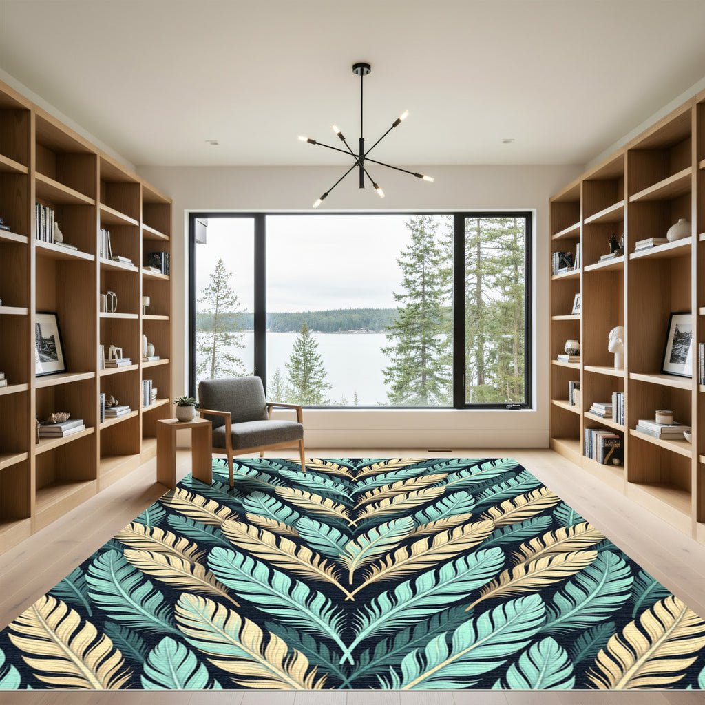 Cream and Teal Plumed Chevron Feather Rug