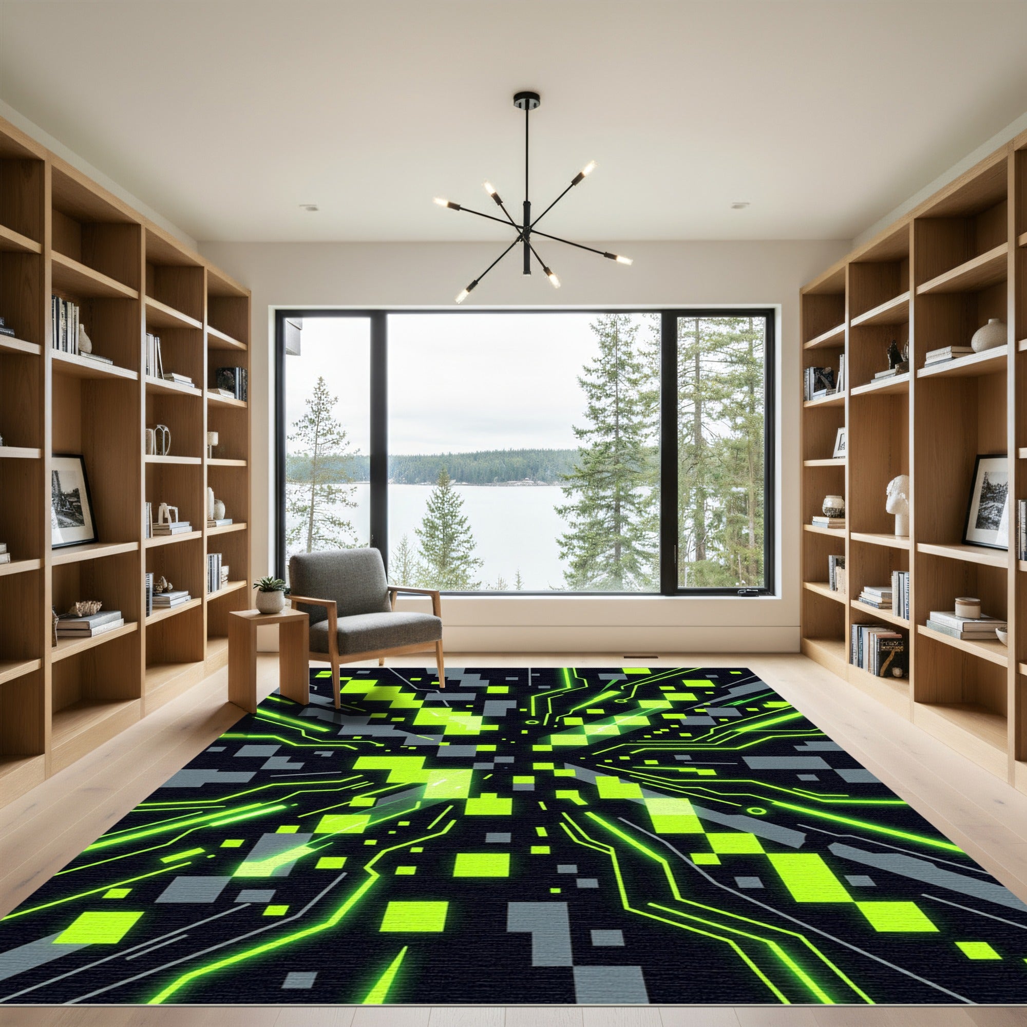 Neon Cyberpunk Matrix Circuit Grid Rug