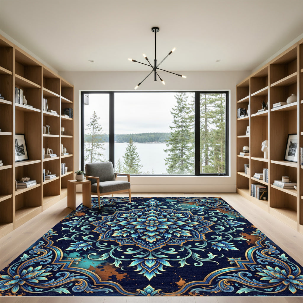 Ornate Sapphire Floral Damask Area Rug