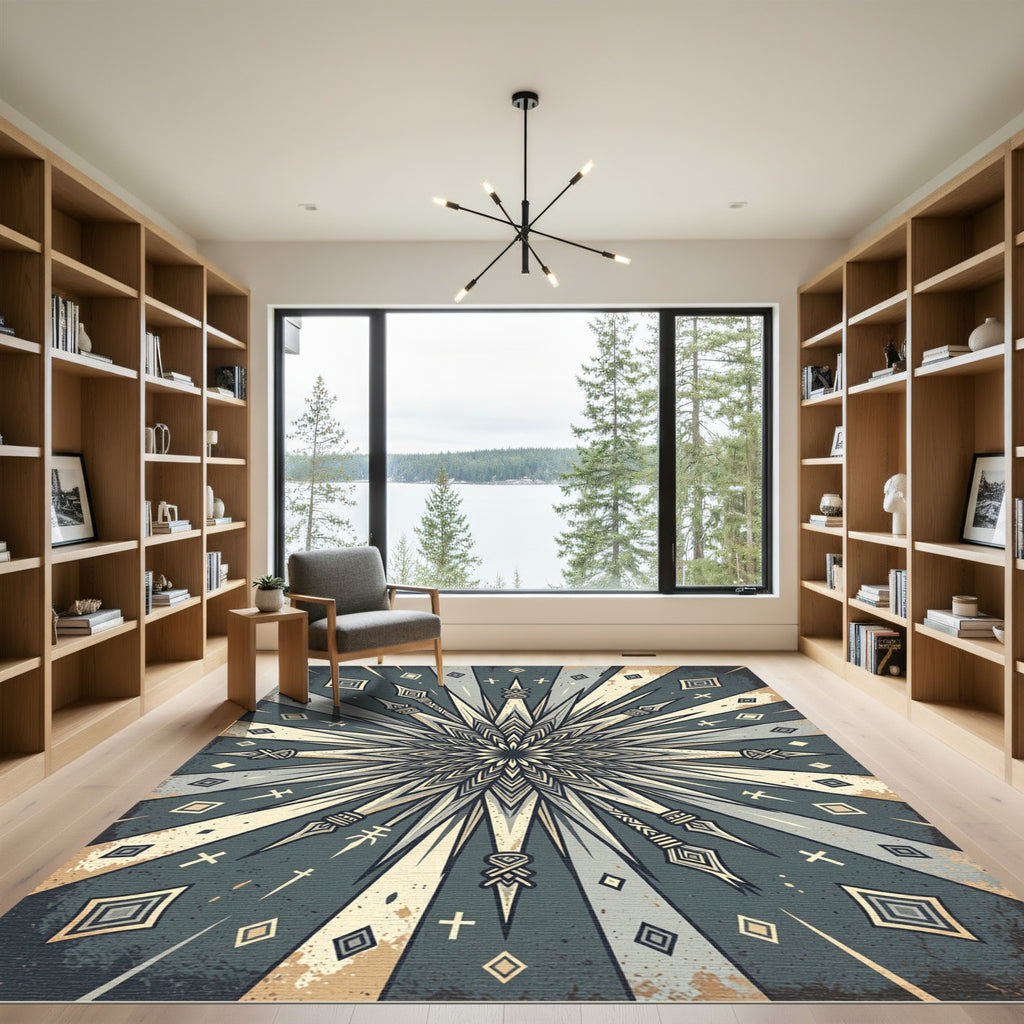 Vintage Slate Geometric Starburst Compass Rug