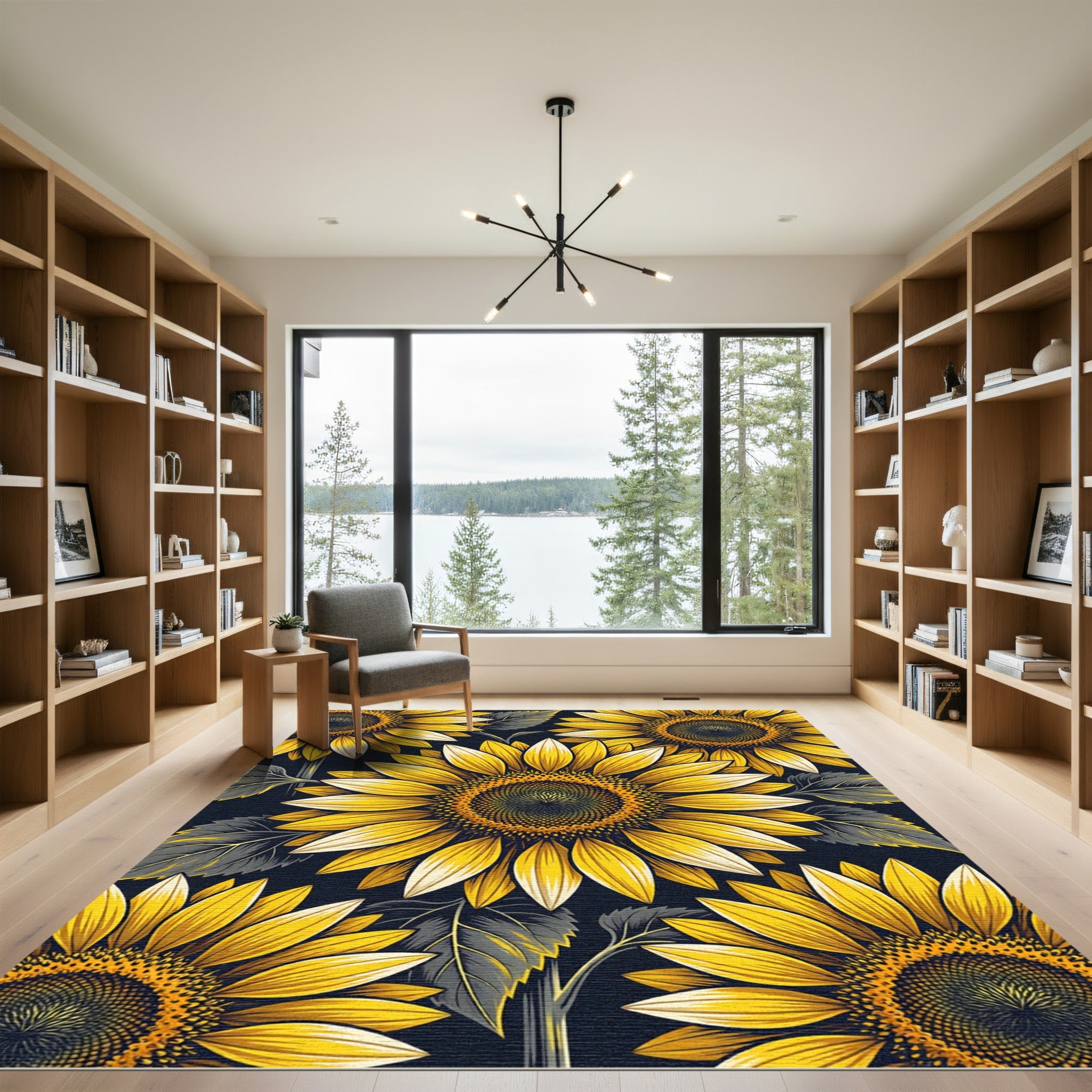 Vibrant Yellow Sunflower Botanical Dark Garden Rug